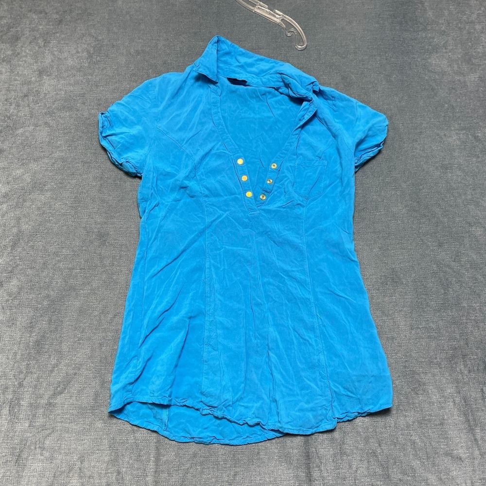 G By Guess Shirt Top Womens Large Blue Chest Pocket Snap Front Roll Tab Sleeve